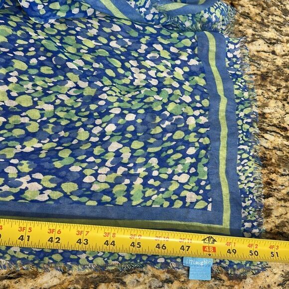 J. McLaughlin Giselle Scarf LaPlage Border White Blue Green Slik Blend 50x50 - Picture 3 of 4